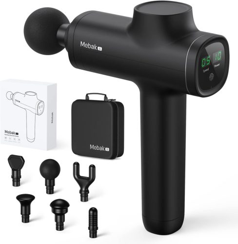 Mebak 5 Pistol de Masaj - 2700 RPM Dispozitiv pentru Eliberarea Tensiunii Musculare cu 6 Capete, 5 Viteze, Geantă de Transport, Baterie 2000 mAh