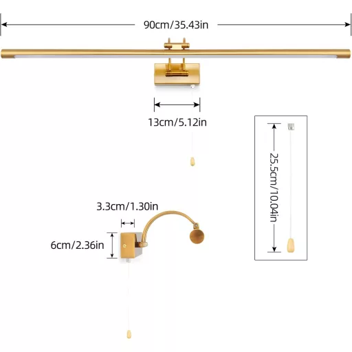 MantoLite Lampă LED pentru oglindă, 90 cm, Cupru - 16W, 3000K Lumină Albă Caldă, IP44 Rezistentă la Apă, Iluminat de Perete pentru Baie cu Comutator cu Șnur, Ajustabilă la 270°
