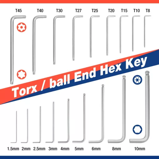WORKPRO 18 részes Torx és gömbfejű imbuszkulcs szett 1.5-10mm Cr-V acél