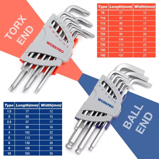WORKPRO 18 részes Torx és gömbfejű imbuszkulcs szett 1.5-10mm Cr-V acél
