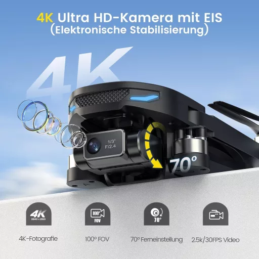 Dronă pliabilă DEERC D10 cu cameră 2K HD - Video live FPV, Control prin gesturi, Mod selfie, Menținere altitudine, Pentru începători, cu 2 Baterii și H