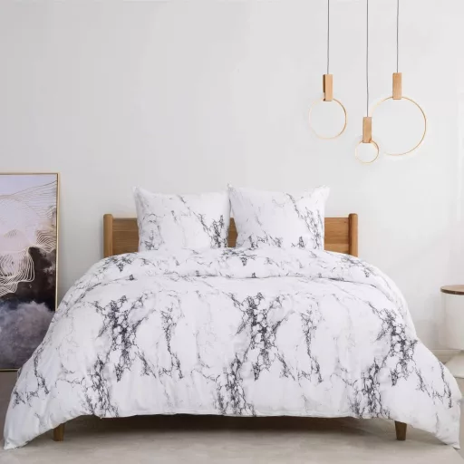 Bedsure 3-dijelna navlaka za poplun od mikrovlakana 200x220 cm mramorno bijela za bračni krevet s patentnim zatvaračem.