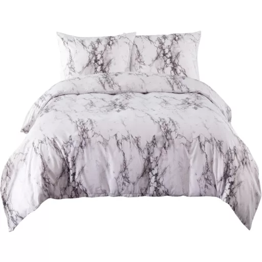 Set lenjerie de pat din microfibră Bedsure, 3 piese, 200x220 cm, alb marmorat, pentru pat dublu, cu fermoar