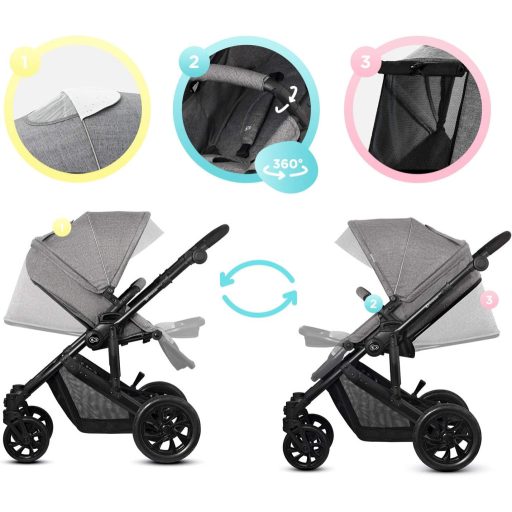 Kinderkraft Prime Lite 3az1-ben Kombinált Babakocsi Szürke