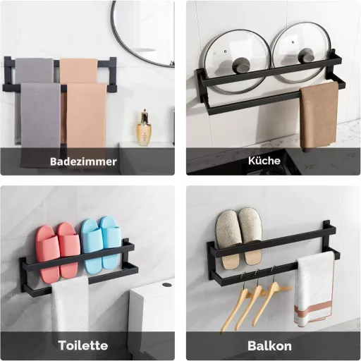 SAYAYO fekete fali törölközőtartó 60 cm rozsdamentes acél dupla fürdőszobai