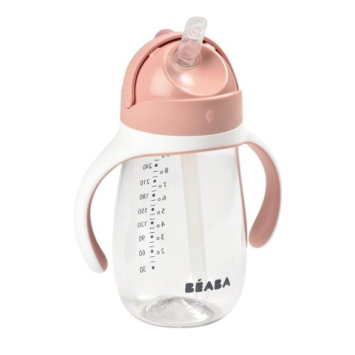 BÉABA Učiaci pohár 2 v 1 - 300 ml Ružový Detský Pohár so Slamkou - Netekavý, Odnímateľné Rukoväte, Bez BPA Tritan