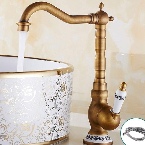 Baterie de bucătărie Keyohome, aspect antic de cupru - Baterie clasică de chiuvetă, monocomandă, cu pipă rotativă 360°, design vintage pentru baie și bucătărie