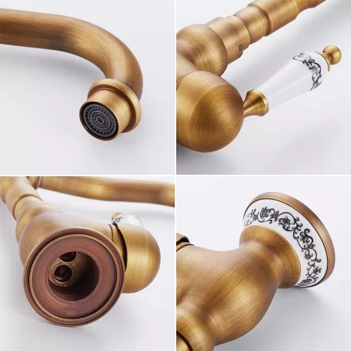 Keyohome Antik Réz Konyhai Csaptelep - Egykaros Klasszikus Mosdó Csap 360° Forgatható Kifolyócsővel, Vintage Dizájn Fürdőszobába és Konyhába