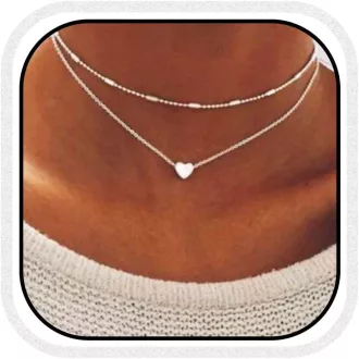   Fashband Többrétegű Choker Nyaklánc Ezüst Szív Medállal - Bohém Stílusú Rövid Női Nyakék Lánc
