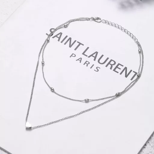 Colier choker multistrat Fashband cu pandantiv inimă argintie - Lanț scurt de damă, stil boem.