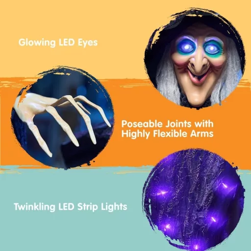 JOYIN Decor de Halloween Vrăjitoare Animată Vorbitoare, 180cm, cu Ochi Luminoși și Activare Vocală
