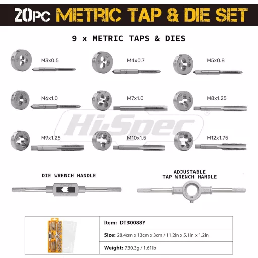 Set de tarozi și filiere metrice Hi-Spec M3-M12, 20 de piese, din oțel aliat, set de scule manuale pentru metal.