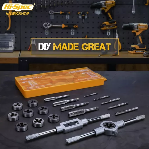 Set de tarozi și filiere metrice Hi-Spec M3-M12, 20 de piese, din oțel aliat, set de scule manuale pentru metal.