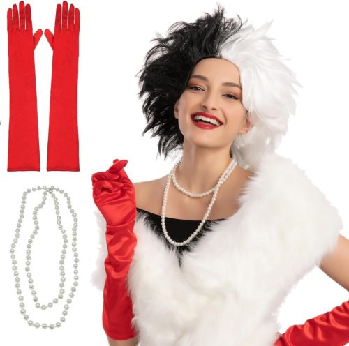 Set costum Crudelia de Vil: perucă alb-negru, mănuși, colier - Halloween, carnaval