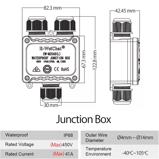 Cutie de joncțiune impermeabilă BLFDE IP68 - Cutie de distribuție exterioară din plastic negru cu fixare prin șuruburi, 12,28 x 8,23 x 4,24 cm