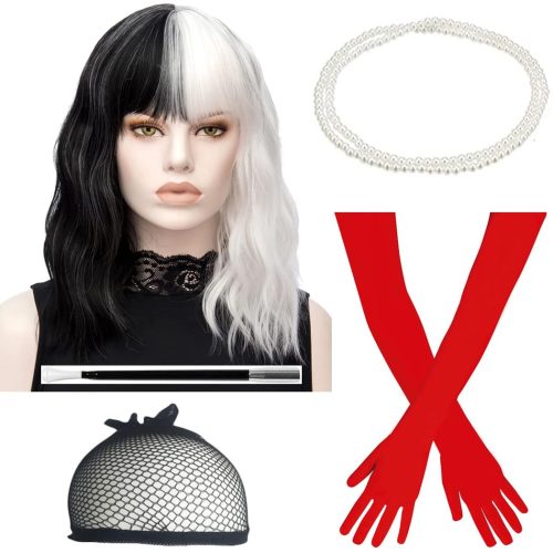 TANTAKO Fekete-Fehér Cosplay Paróka Szett - Hőálló Hullámos Műhaj Cruella Jelmezhez Piros Kesztyűvel, Gyöngy Nyaklánccal