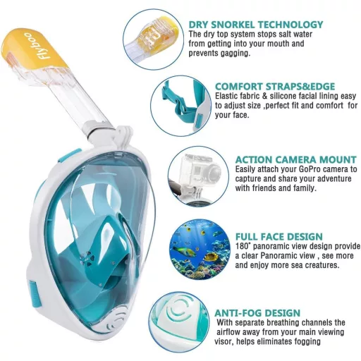 Mască de snorkeling Flyboo - Panoramică 180°, acoperire integrală a feței, anti-ceață, pentru scufundări, înot, sticlă securizată, compatibilă cu camere sport, albastru, mărimea XS