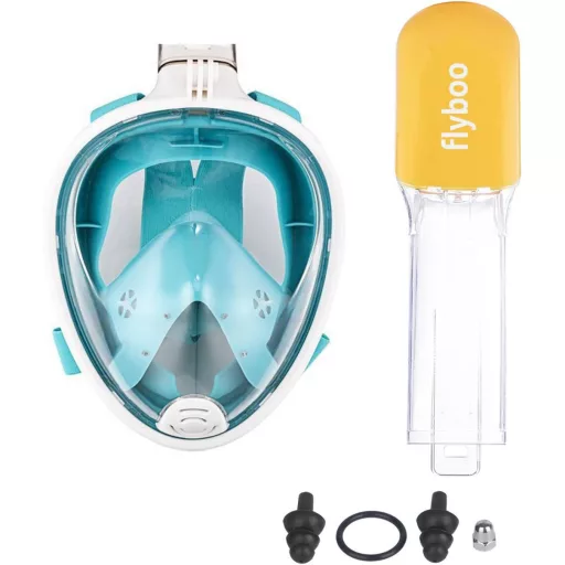 Mască de snorkeling Flyboo - Panoramică 180°, acoperire integrală a feței, anti-ceață, pentru scufundări, înot, sticlă securizată, compatibilă cu camere sport, albastru, mărimea XS