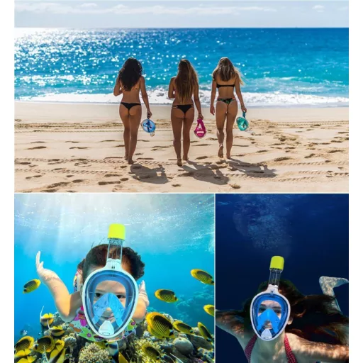 Mască de snorkeling Flyboo - Panoramică 180°, acoperire integrală a feței, anti-ceață, pentru scufundări, înot, sticlă securizată, compatibilă cu camere sport, albastru, mărimea XS