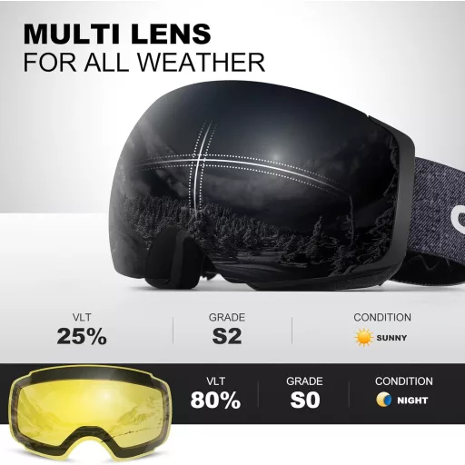 Ochelari de schi unisex Odoland cu lentilă magnetică interschimbabilă, protecție UV, anti-aburire