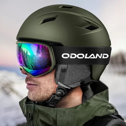 Odoland Sí Sisak és Szemüveg Szett - Zöld Unisex Snowboard Védőfelszerelés UV400 Védelemmel, Szélálló, Könnyű Polikarbonát, L Méret