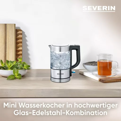 SEVERIN Mini Üveg Vízforraló 0,5L Rozsdamentes Acél Fekete Kompakt Elektromos