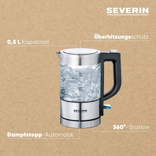 SEVERIN Mini Üveg Vízforraló 0,5L Rozsdamentes Acél Fekete Kompakt Elektromos