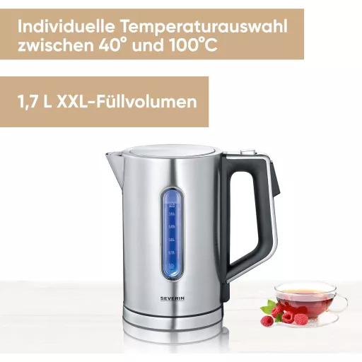 SEVERIN WK 3418 digitális vízforraló 1,7L rozsdamentes acél, 3000W gyors felmelegítés hőmérséklet szabályozás