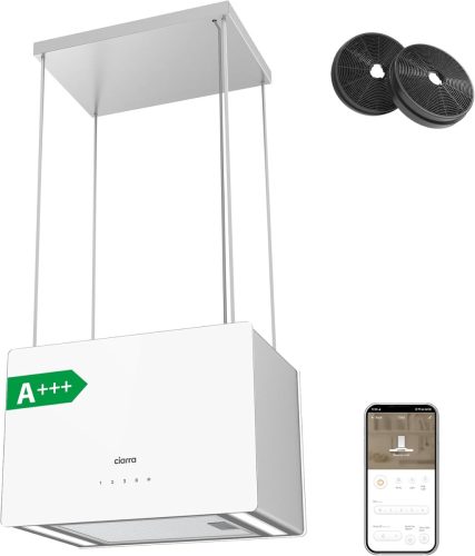 CIARRA CBCS4850 A+++ Sziget Páraelszívó 48 cm 700 m³/h WiFi Vezérléssel, 4 Fokozatú, LED Világítással, Szénszűrős, Rozsdamentes Acél