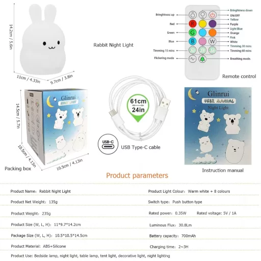 Glinrui noćna lampa u obliku zeca 9 boja USB punjiva stolna lampa za dječju sobu s timerom