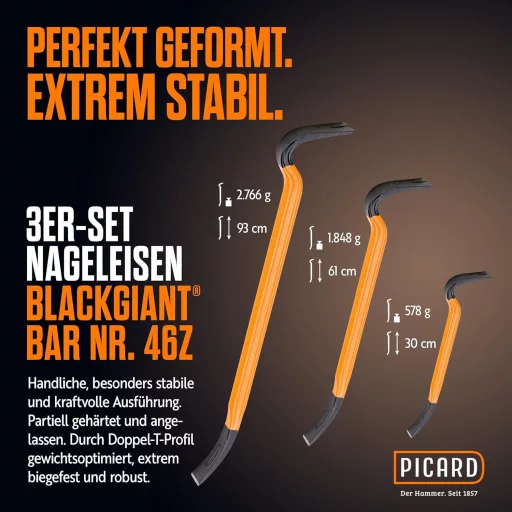 Set de leviere profesionale PICARD BlackGiant Bar No. 46Z, din oțel, 3 buc, cu unghi de 90°