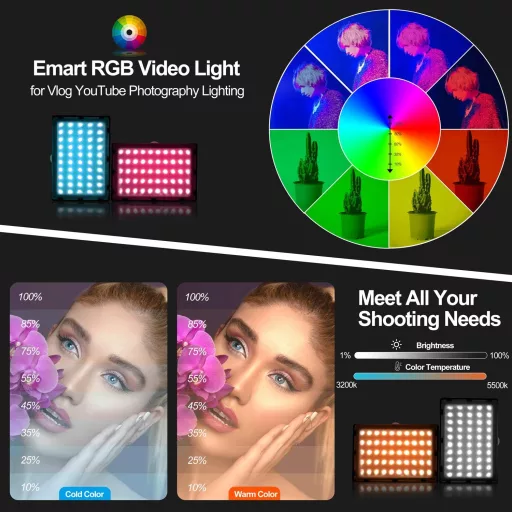 EMART RGB LED Videó Lámpa Szett - 5500K Állítható Fényerő, USB, Tripod Állvánnyal, Streaming, YouTube, Fotó Stúdió Világítás