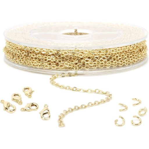 ALEXCRAFT 10 méter aranyozott nyakláncláncz ékszerkészítéshez 50 karikával és 20 homárrákkal