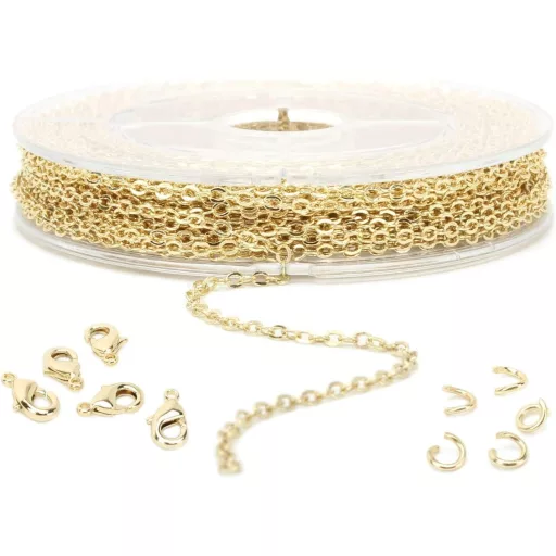 ALEXCRAFT 10 méter aranyozott nyakláncláncz ékszerkészítéshez 50 karikával és 20 homárrákkal