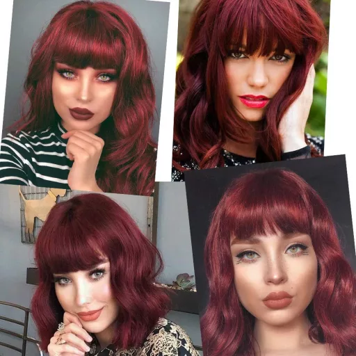 ColorfulPanda Dámska Parochňa - Krátky Bob Vlnité Vlasy, Bordová Farba, Žiaruvzdorné Syntetické Vlákna, Nastaviteľná Veľkosť, Priedušná Sieťka