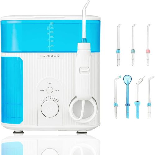 Duș bucal YOUNGDO cu sterilizare UV - Rezervor de apă de 800 ml, 7 capete, Aparat de curățare interdentară pentru utilizare familială, Albastru