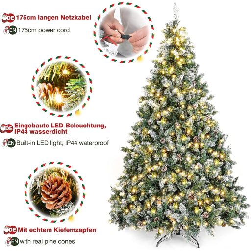 Yorbay Műfenyő 150 cm - LED Világítással, Havas Díszítéssel és Valódi Tobozokkal - Stabil Állvánnyal, 554 Ággal, PVC Karácsonyfa