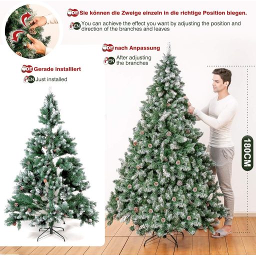 Brad Artificial Yorbay, 150 cm - Cu Lumini LED, Decorațiuni cu Zăpadă și Conuri Naturale - Cu Suport Stabil, 554 de Ramuri, Brad de Crăciun din PVC