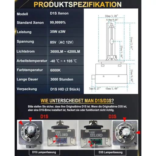 Xenónová výbojka XELORD D1S D3S 6000K HID svetlomet 35W 12V 2ks