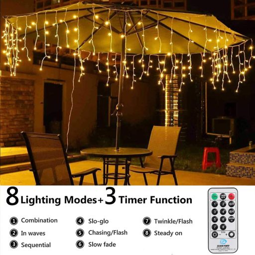 Cortină luminoasă de Crăciun cu 432 LED-uri, tip țurțuri, albă, 10,8 m, pentru exterior, cu telecomandă.