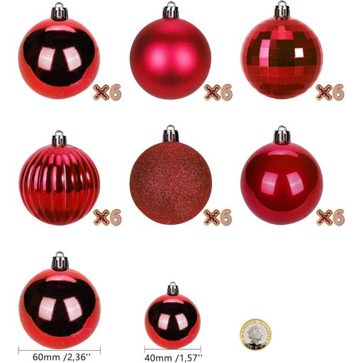 Set de ornamente pentru bradul de Crăciun BLAZOR, 34 buc. - Globuri incasabile din plastic, decorațiuni mate, sclipitoare, cu modele, culoare roșie, 6 cm diametru, decorațiuni pentru brad.