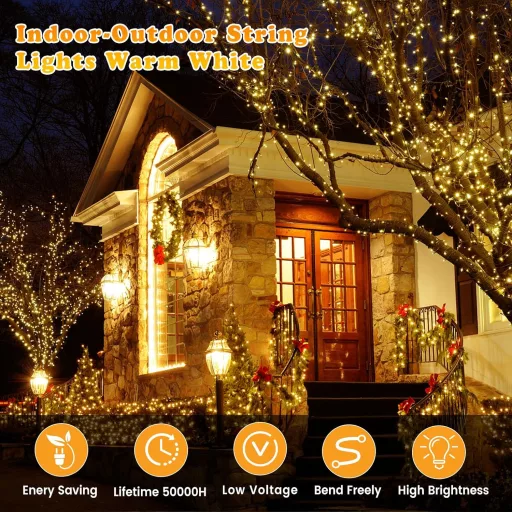 Ghirlandă Luminoasă Exterior-Interior Elegear 100m - 1000 LED Alb Cald, Iluminat de Crăciun cu 8 Moduri - Decorațiune Impermeabilă IP44 pentru Nuntă, Grădină, P