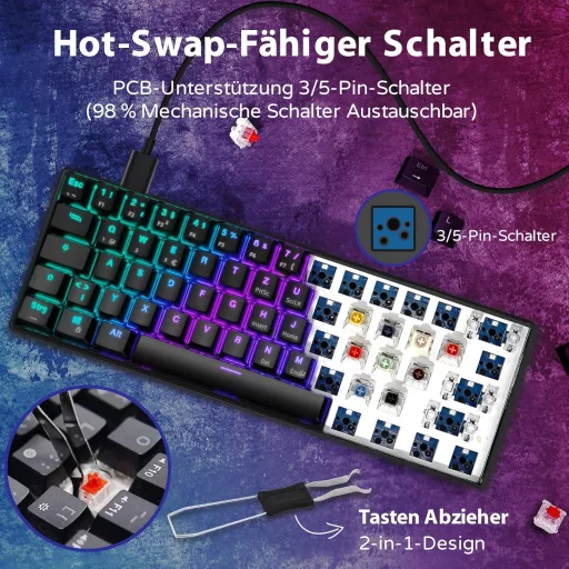 RK ROYAL KLUDGE RK61 RGB 60% Mechanická Herná Klávesnica, Bezdrôtová/Káblová Bluetooth, Hot-Swap Lineárne Červené Spínače, Multi-zariadenie