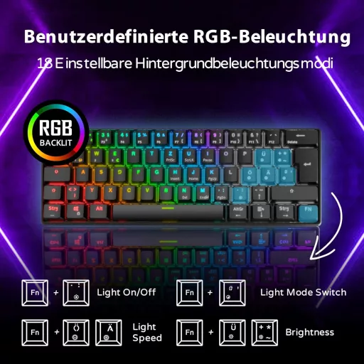 RK ROYAL KLUDGE RK61 RGB 60% Mechanická Herná Klávesnica, Bezdrôtová/Káblová Bluetooth, Hot-Swap Lineárne Červené Spínače, Multi-zariadenie