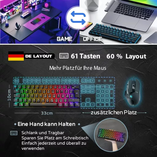 RK ROYAL KLUDGE RK61 RGB 60% Mechanická Herná Klávesnica, Bezdrôtová/Káblová Bluetooth, Hot-Swap Lineárne Červené Spínače, Multi-zariadenie