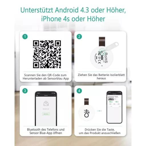 ORIA Bluetooth Hőmérő és Páratartalom Mérő Szett - 2 db Mini Vezeték Nélküli Szenzor Kijelzővel, Otthoni és Irodai Használatra, Kék
