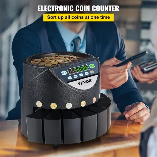 VEVOR Érmesoroló gép 220V, 300 érme/perc, 700 érme kapacitás, 8 gyűjtődoboz, eurós érmecsaló