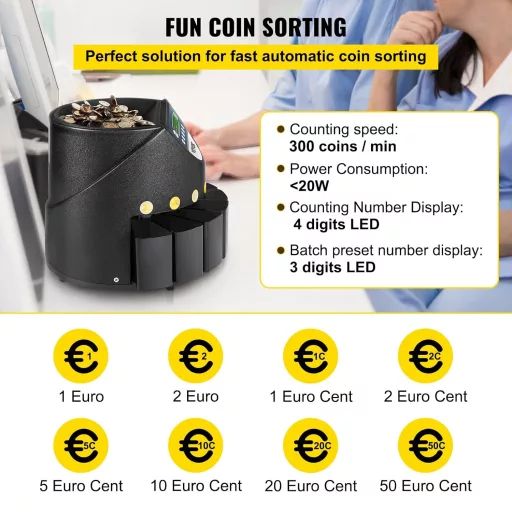 Mașină de numărat și sortat monede VEVOR 220V, 300 monede/minut, capacitate 700 monede, 8 tăvi de colectare, sortator monede euro