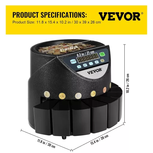 Mașină de numărat și sortat monede VEVOR 220V, 300 monede/minut, capacitate 700 monede, 8 tăvi de colectare, sortator monede euro