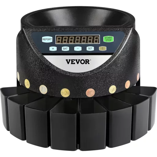Mașină de numărat și sortat monede VEVOR 220V, 300 monede/minut, capacitate 700 monede, 8 tăvi de colectare, sortator monede euro